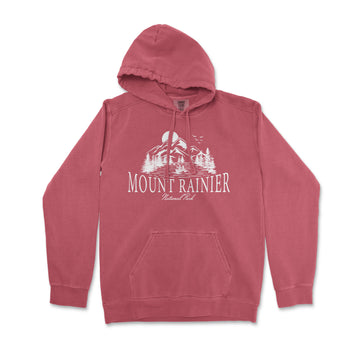 a red hoodie with the words mount rainier printed on it