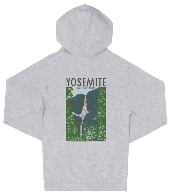 A gray hooded sweatshirt with a graphic design depicting a waterfall and the text "YOSEMITE National Park" printed on it.