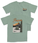 A green t-shirt with a graphic design depicting a scenic landscape with mountains, trees, and a lake, along with the text "Jasper National Park".
