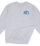 A gray sweatshirt with a blue mountain graphic and text on the front.