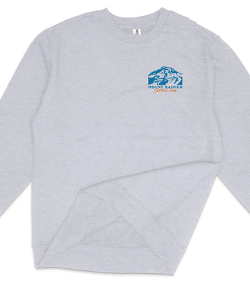 A gray sweatshirt with a blue mountain graphic and text on the front.