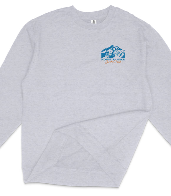 A gray sweatshirt with a blue mountain graphic and text on the front.