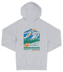 A gray hooded sweatshirt with a graphic design depicting a mountain landscape with a bear in the foreground.