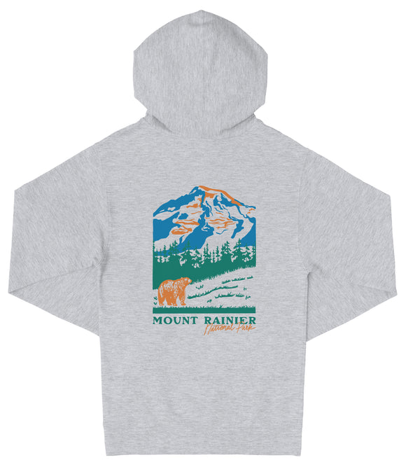 A gray hooded sweatshirt with a graphic design depicting a mountain landscape with a bear in the foreground.
