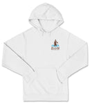 A white hoodie with a logo on the front.