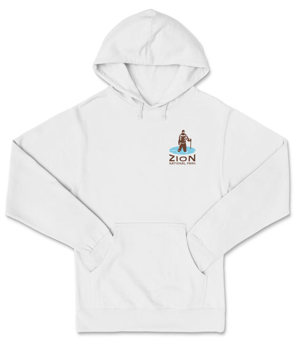 A white hoodie with a logo on the front.