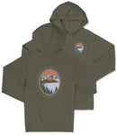 A hooded sweatshirt with a graphic design on the back, featuring a circular emblem with a mountain landscape and the text "Cater Lake National Park Oregon".