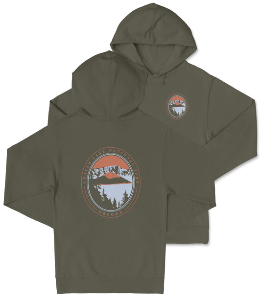 A hooded sweatshirt with a graphic design on the back, featuring a circular emblem with a mountain landscape and the text "Cater Lake National Park Oregon".