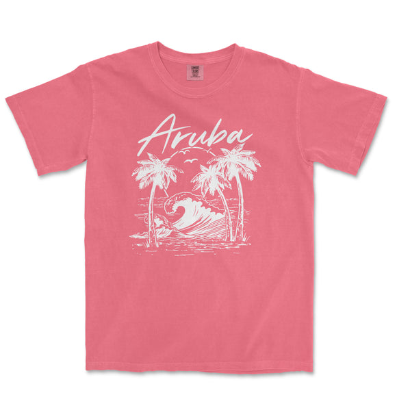 a pink shirt with an image of a wave and palm trees