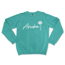 a turquoise sweatshirt with a palm tree and the word aruba on it