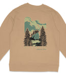A beige sweatshirt with a graphic design depicting a mountain landscape with pine trees and a lake.