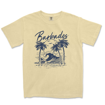 a t - shirt with a picture of a wave and palm trees