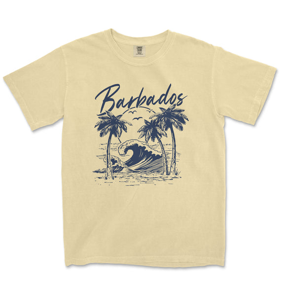 a t - shirt with a picture of a wave and palm trees