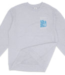 A gray sweatshirt with a blue graphic and text on the front pocket.