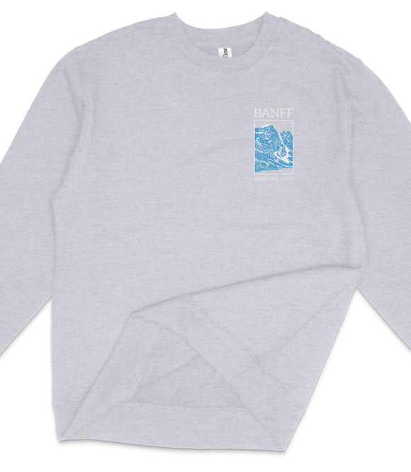 A gray sweatshirt with a blue graphic and text on the front pocket.