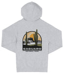 A gray hooded sweatshirt with a graphic design depicting a desert landscape with cacti and mountains, along with the text "Saguaro National Park".