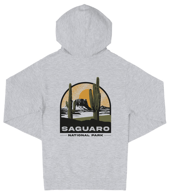 A gray hooded sweatshirt with a graphic design depicting a desert landscape with cacti and mountains, along with the text "Saguaro National Park".