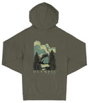 A hooded sweatshirt with a graphic design on the back depicting a scenic landscape with pine trees, mountains, and a body of water.