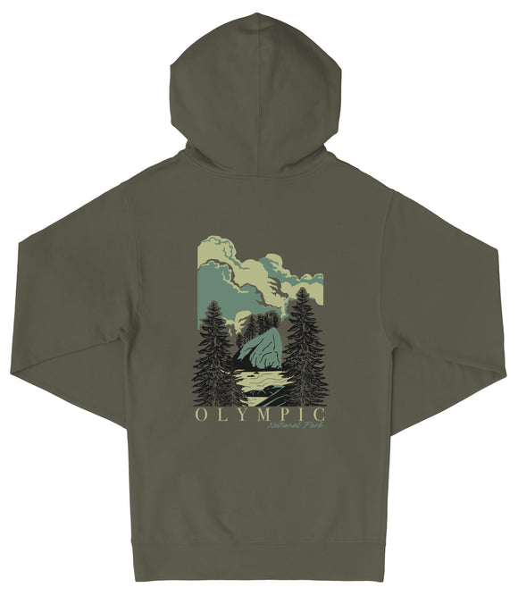 A hooded sweatshirt with a graphic design on the back depicting a scenic landscape with pine trees, mountains, and a body of water.