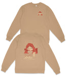 a tan sweatshirt with a graphic design on the back, depicting a desert landscape with a red arch and a small white bird.