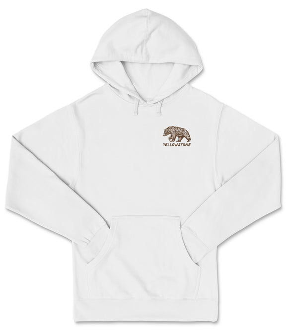 A white hoodie with a graphic of a bear and the text "Yellowstone" printed on the front.