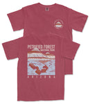 A red t-shirt with a graphic design depicting a mountain range and the text "PETRIFIED FOREST NATIONAL PARK ARIZONA" printed on it.