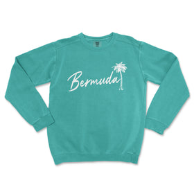 a turquoise sweatshirt with the word bermuda written in white