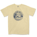 a yellow t - shirt with a blue print on it