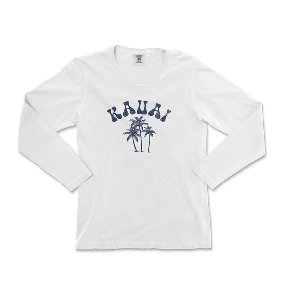 a white long sleeve shirt with palm trees on it