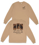a beige sweatshirt with a graphic design on the back, depicting a cave with bats. The design includes text that reads "MAMMOTH CAVE NATIONAL PARK" and "KENTUCKY 7,859.9 N WEST 67,639.9 S WEST".