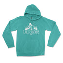 a green lake cascade hoodie with a mountain scene