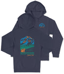 A navy blue hooded sweatshirt with a graphic design depicting a mountain range and a bear.