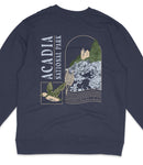 a navy blue sweatshirt with a graphic design depicting a lighthouse, a bird, and a mountain landscape.