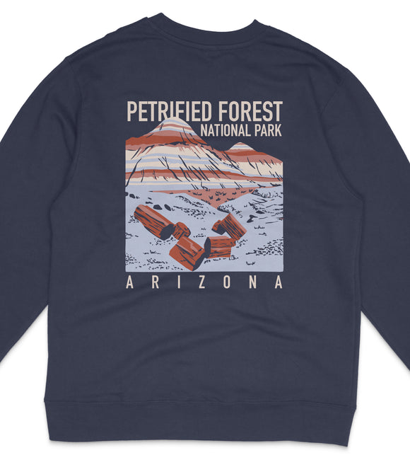 The image is a graphic design of a sweater featuring a mountain landscape with a text overlay that reads "PETRIFIED FOREST NATIONAL PARK ARIZONA".