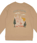 A beige sweatshirt with a graphic design depicting Bryce Canyon National Park, featuring a mountain landscape with a sunset and pine trees.