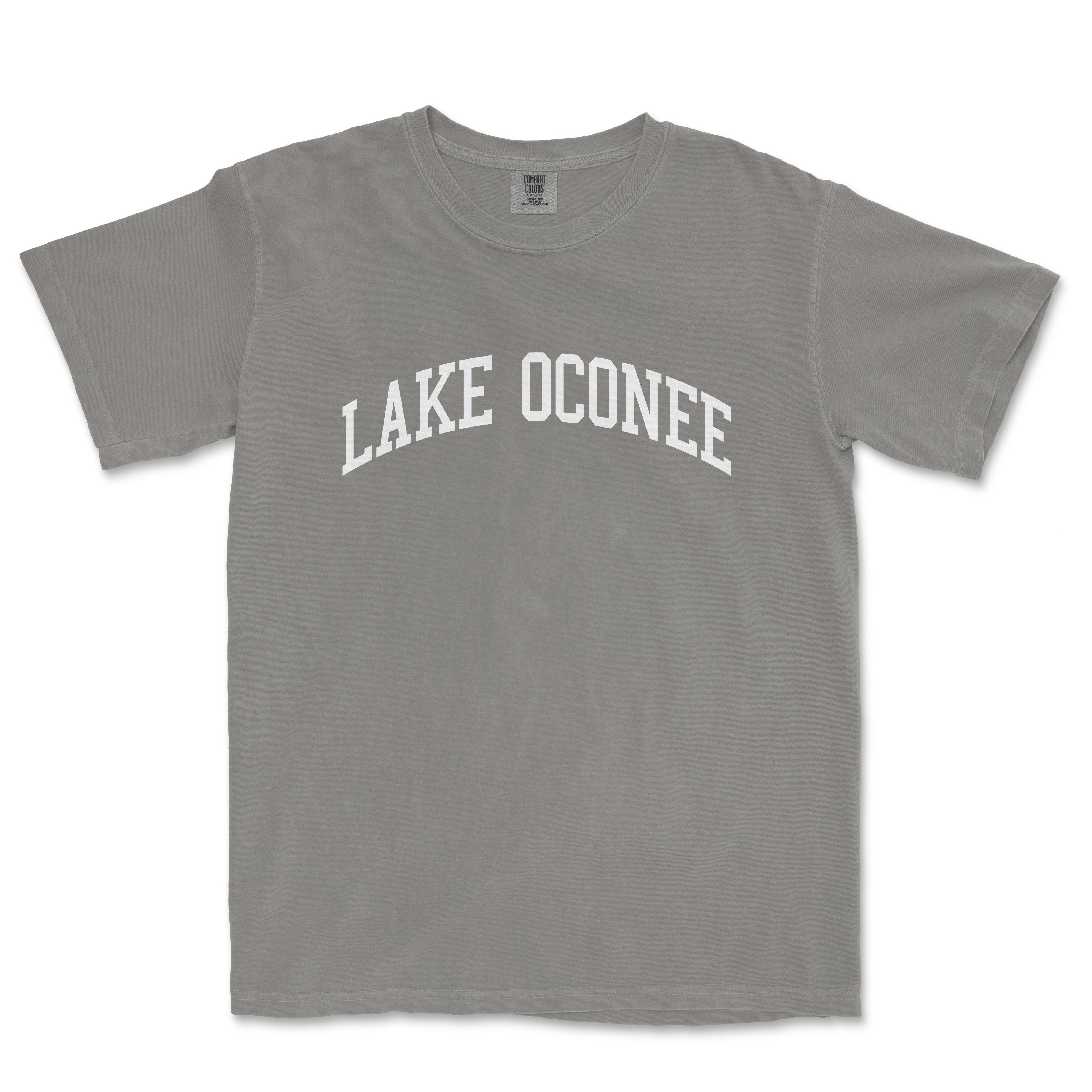 a gray lake oconee t - shirt with the word lake oconee