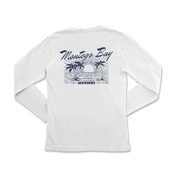 a white long - sleeved shirt with a palm tree on it