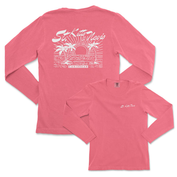 a women's pink long sleeve shirt with a picture of a sunset and palm