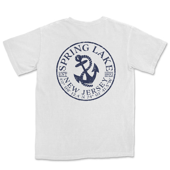 a white t - shirt with a blue anchor and the words spring lake on it