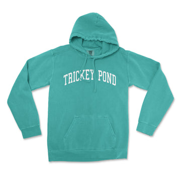 a turquoise hooded sweatshirt with the words tricky pond on it