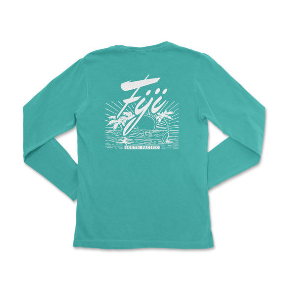 a women's long - sleeved shirt with a surfboard and palm trees