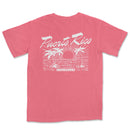 a pink t - shirt with a sunset and palm trees