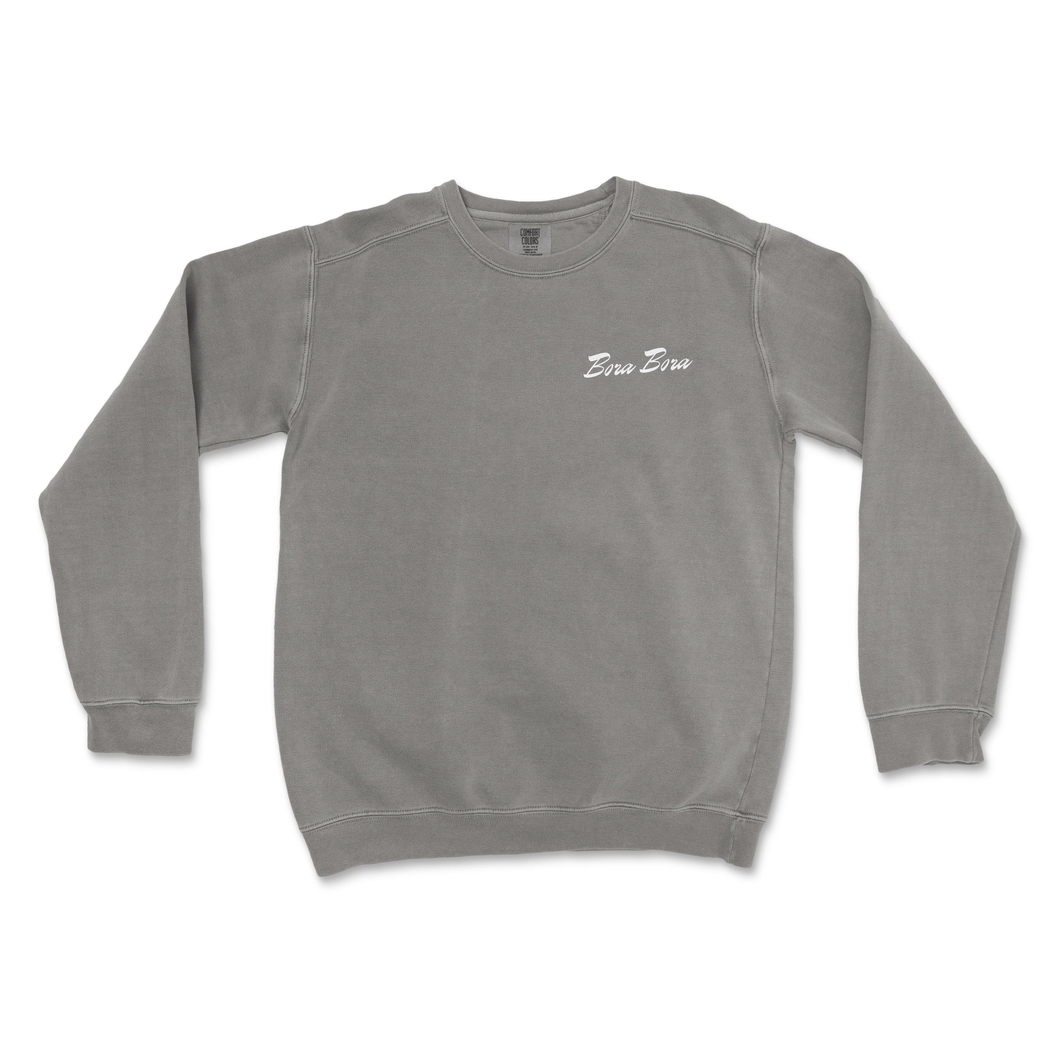 a gray sweatshirt with a white embroidered logo