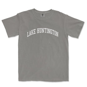 a gray shirt with the words lake huntington on it