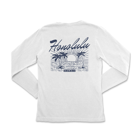 a white long sleeve shirt with the words hawaii on it