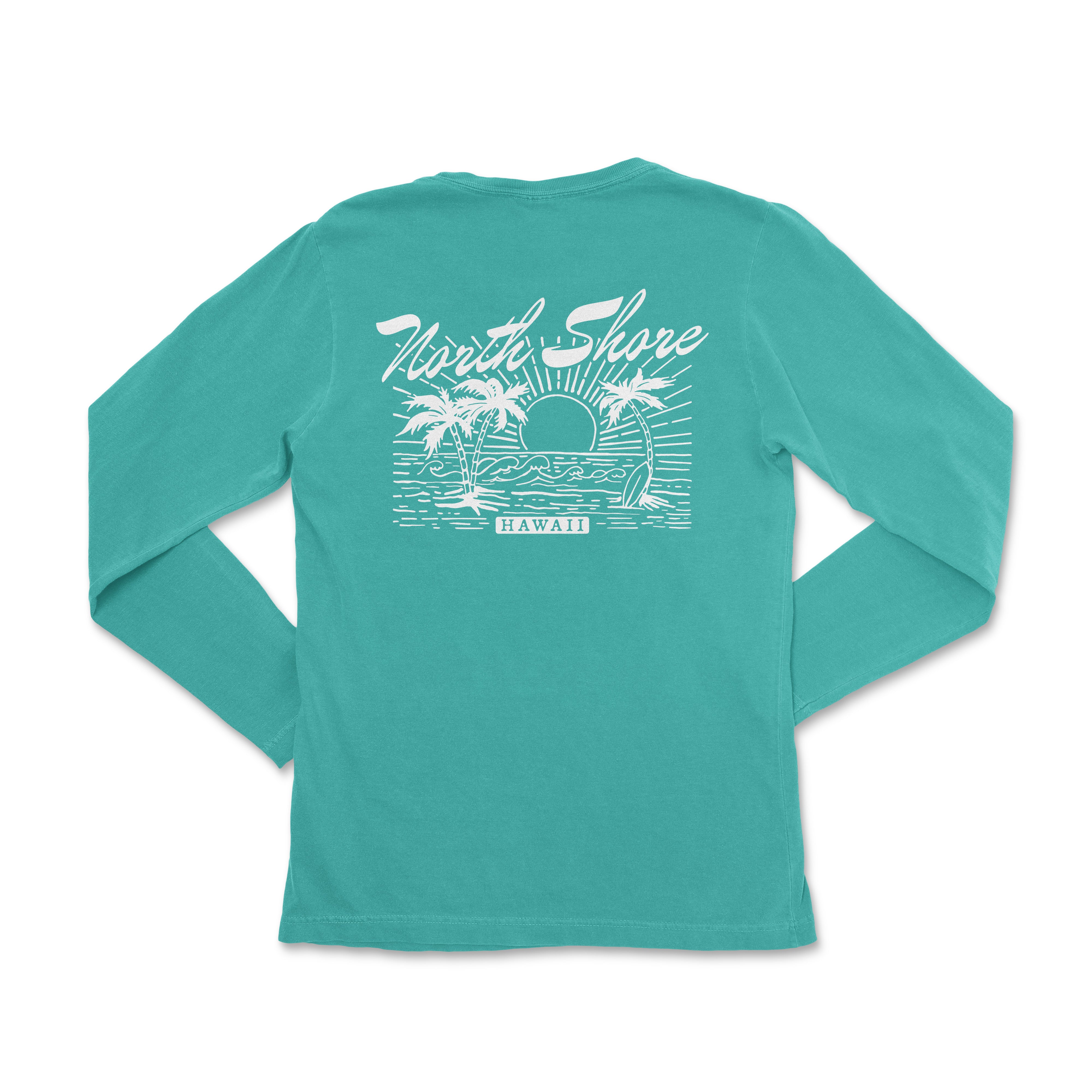 a women's long - sleeved shirt with a picture of a beach scene
