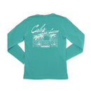 the back of a women's long sleeve shirt with a graphic of a boat