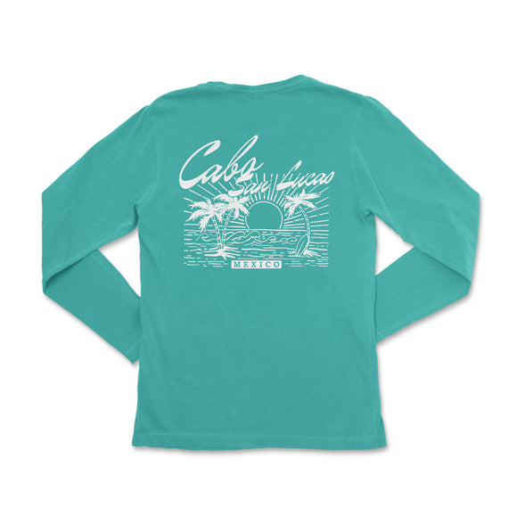 the back of a women's long sleeve shirt with a graphic of a boat