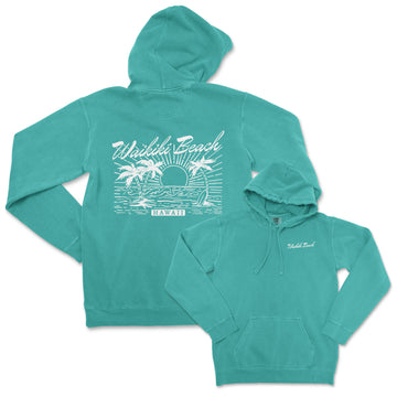 a green hoodie with a picture of a beach and palm trees