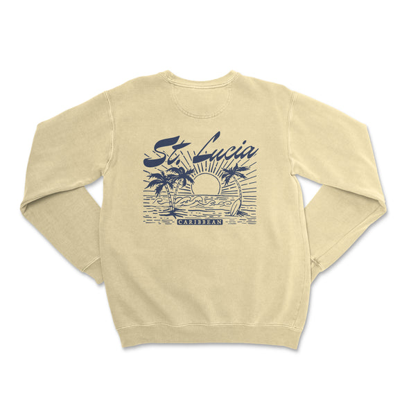 a white sweatshirt with a palm tree and sun on it